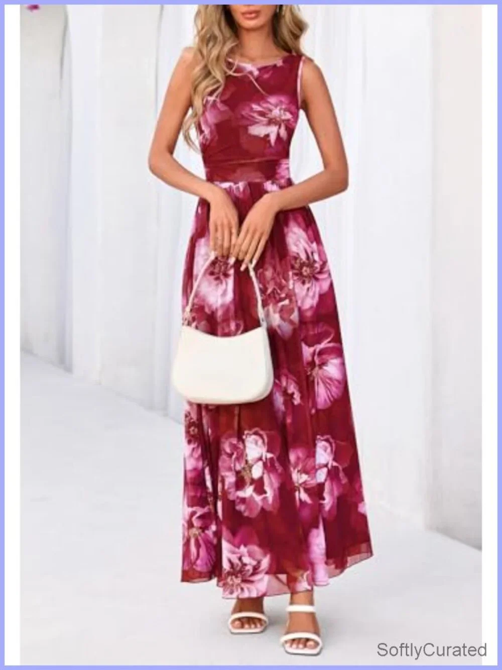 Sleeveless Floral Maxi Dress Mesh High Waist Pleated Sundress with Pockets